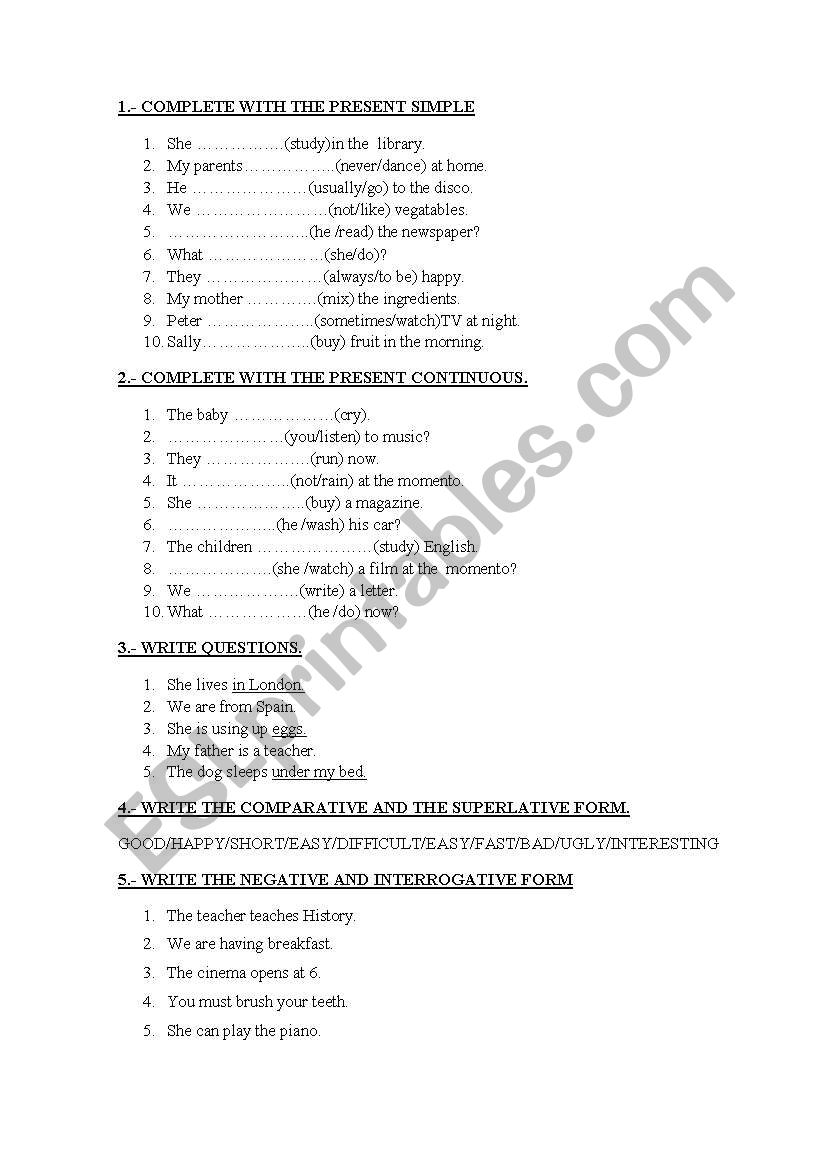 ELEMENTARY REVISION worksheet