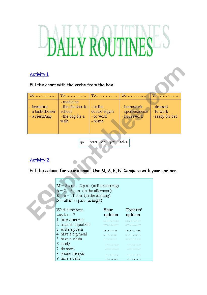 Daily Routines worksheet