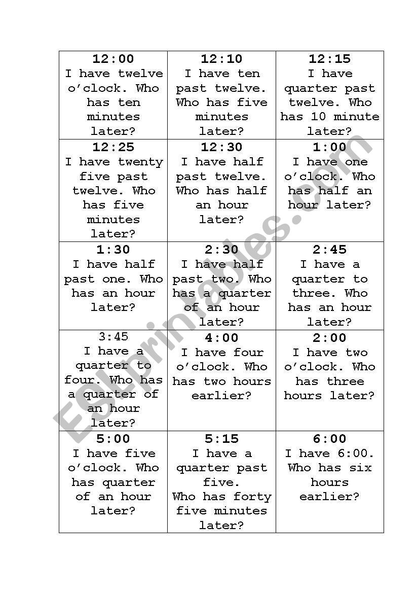 Time loop cards worksheet