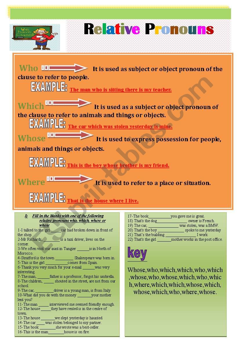 Relative Pronouns( who,which,where,whose),Exercise + Key 