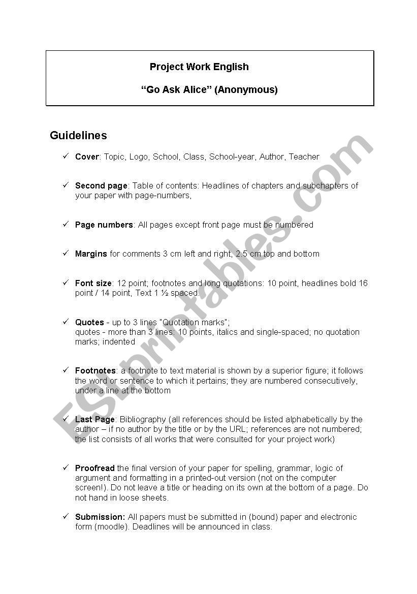 Go Ask Alice worksheet