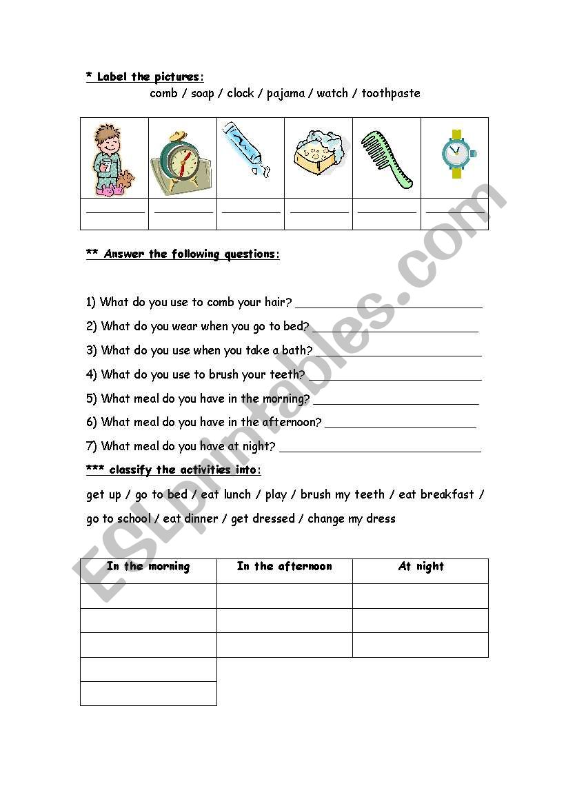 daily activities worksheet