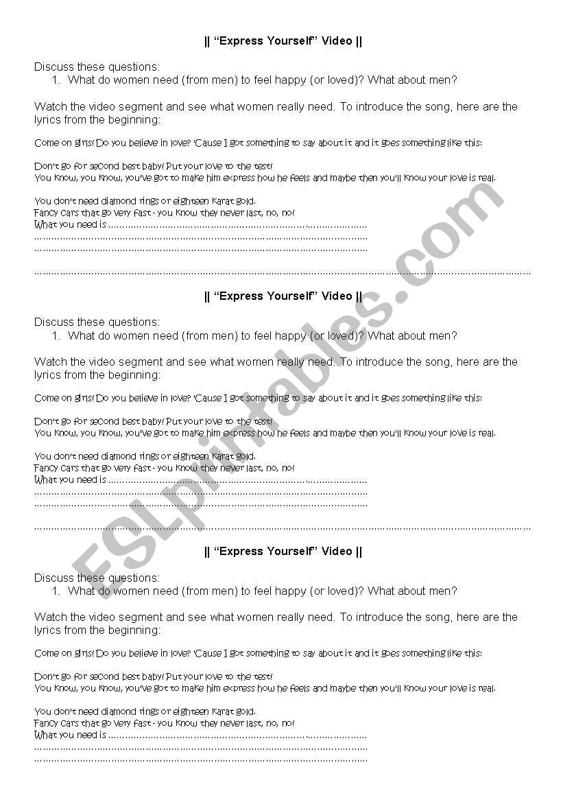 Express Yourself - Madonnas Video Clip Worksheet