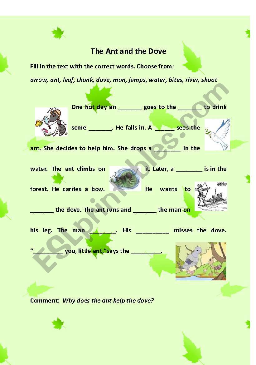 The Ant and the Dove worksheet