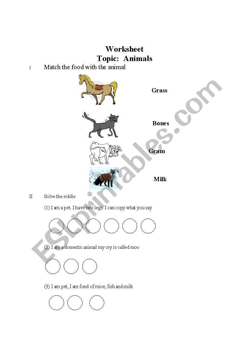 WORKSHEET ON ANIMALS worksheet