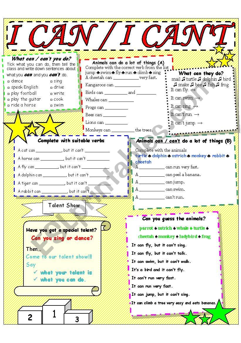 CAN / CANT + ANIMALS worksheet