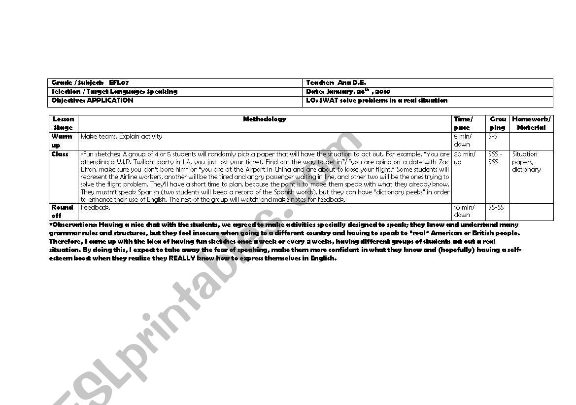 Speaking Lesson Plan worksheet