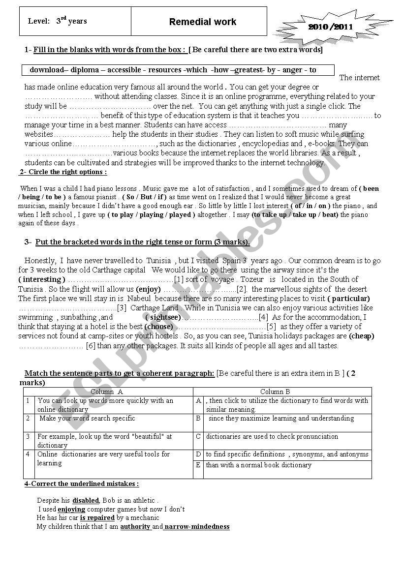 Remedial work  worksheet