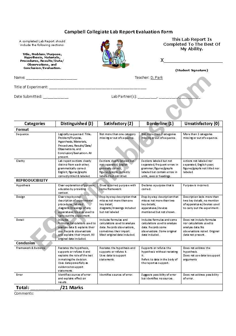 Science 9 Lab Rubric worksheet