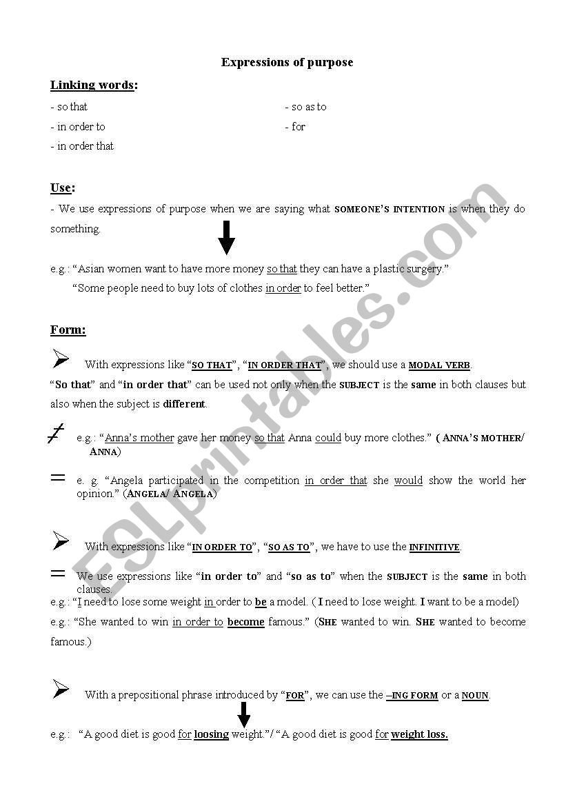 Expressions of purpose worksheet