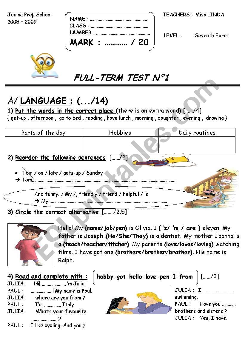 7th grade full term test n1 worksheet
