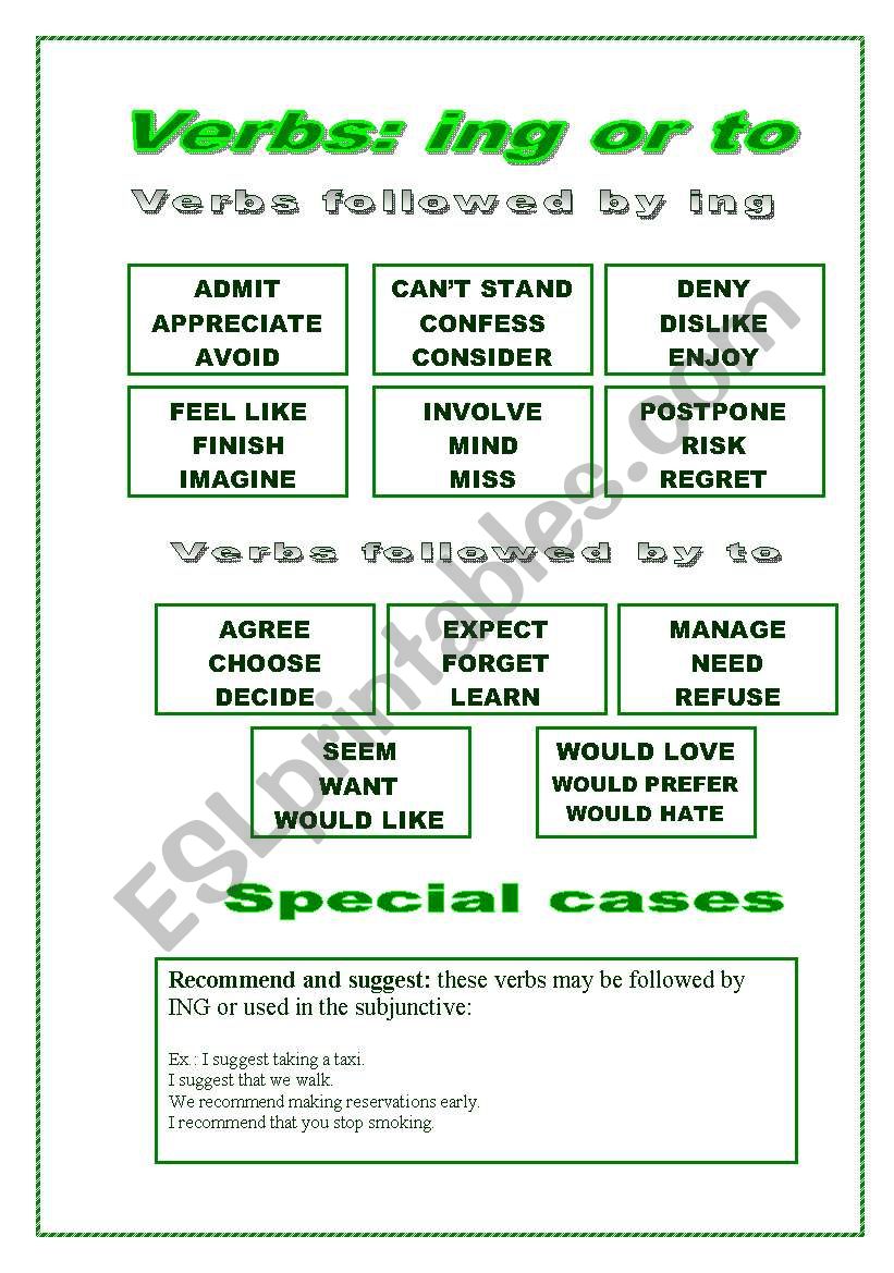 Verbs - followed by ing or to (part 1)