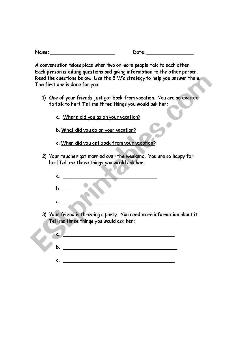 Asking questions worksheet