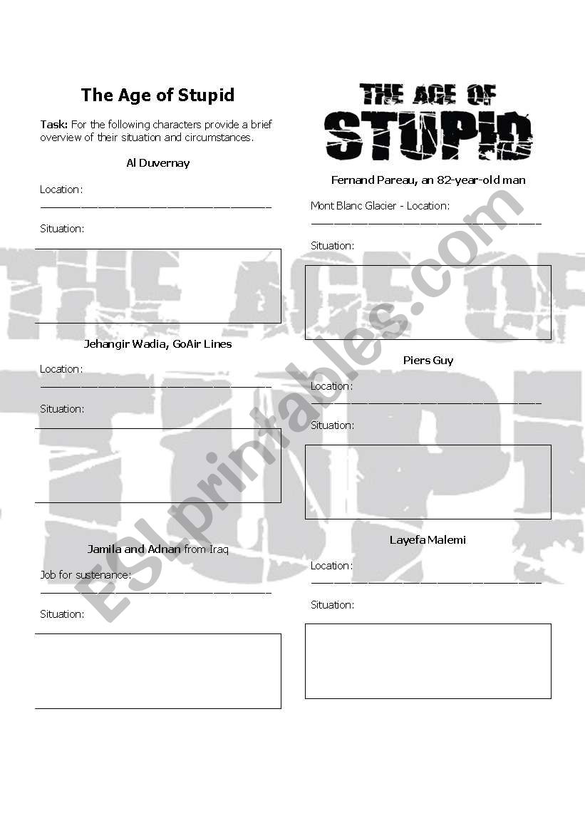 The Age of Stupid Worksheet worksheet