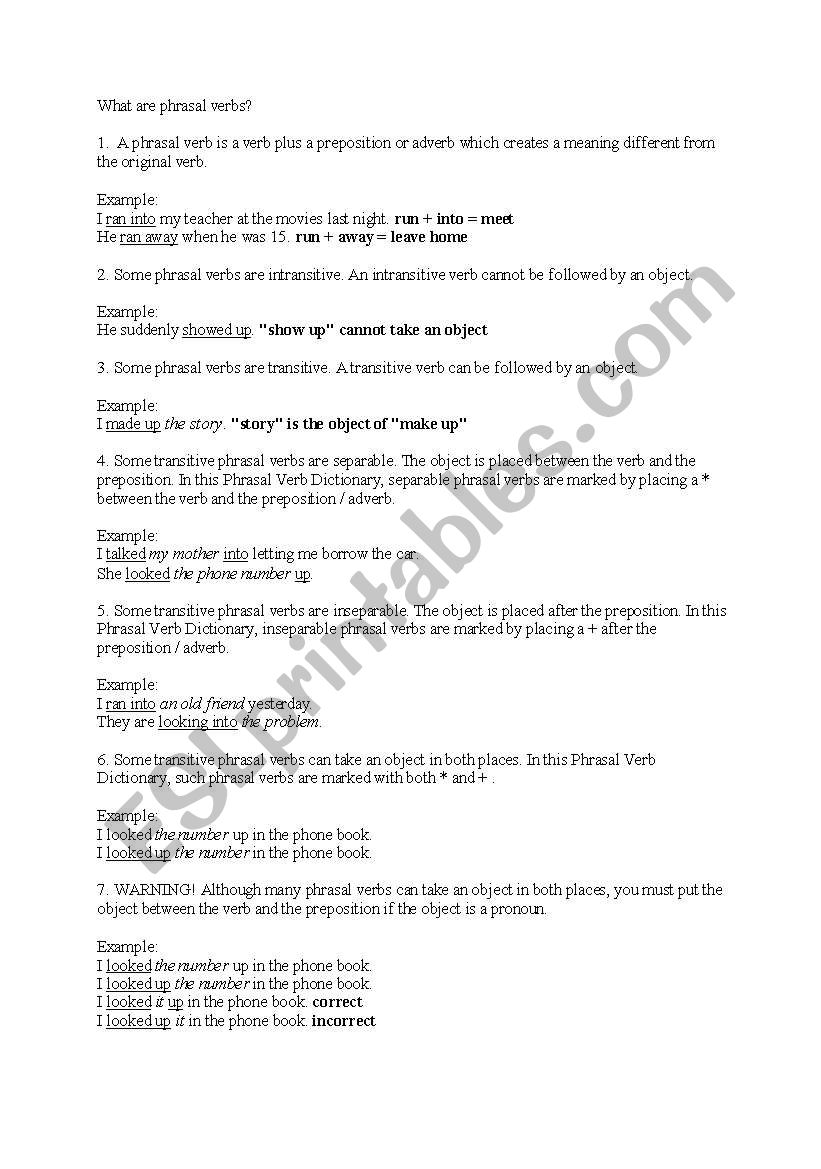 prasal verb worksheet