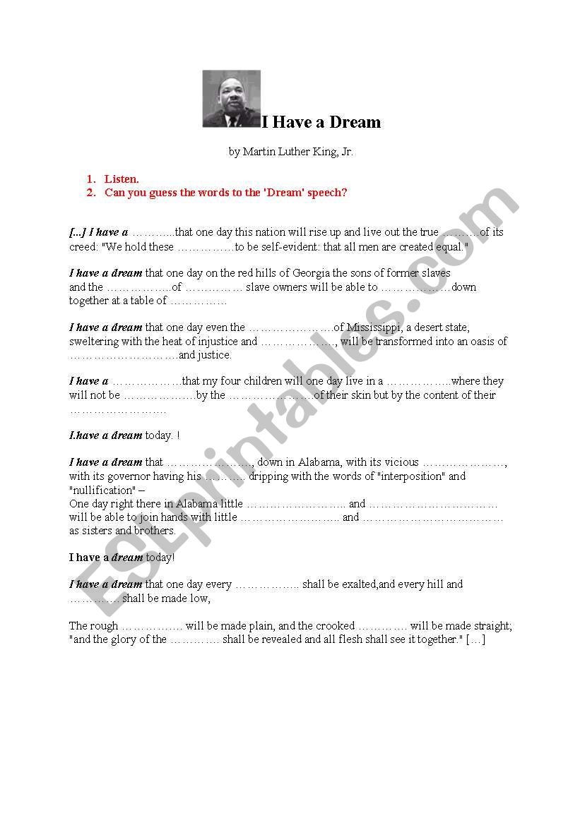 I have a dream texte  trou worksheet