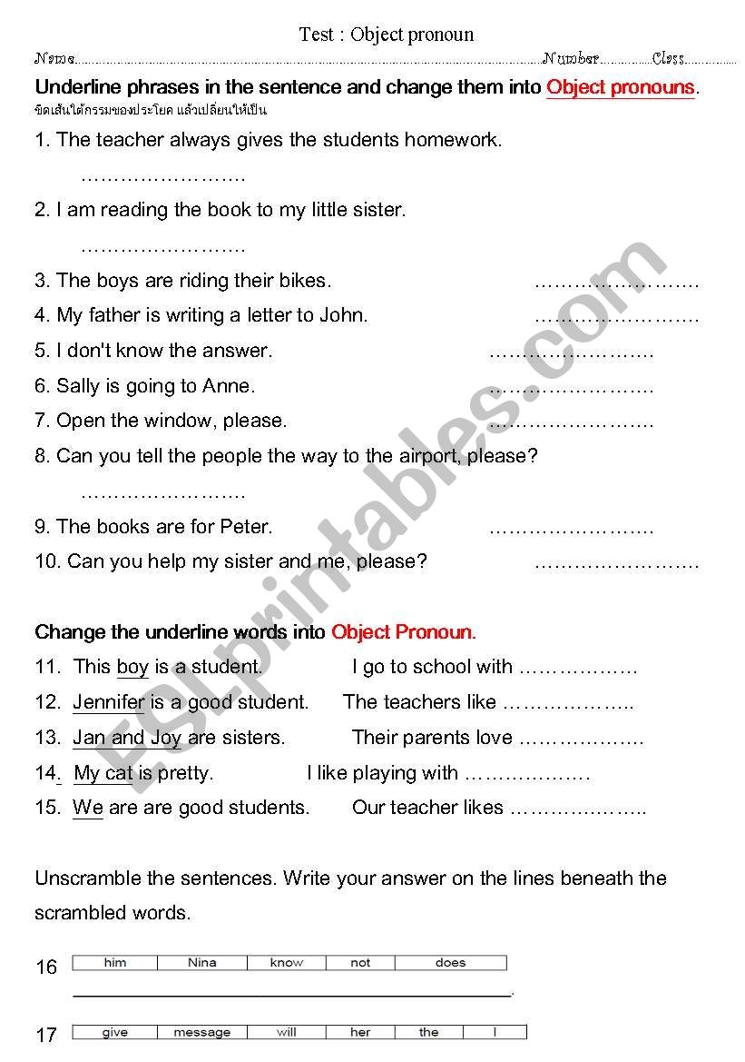 object pronoun worksheet