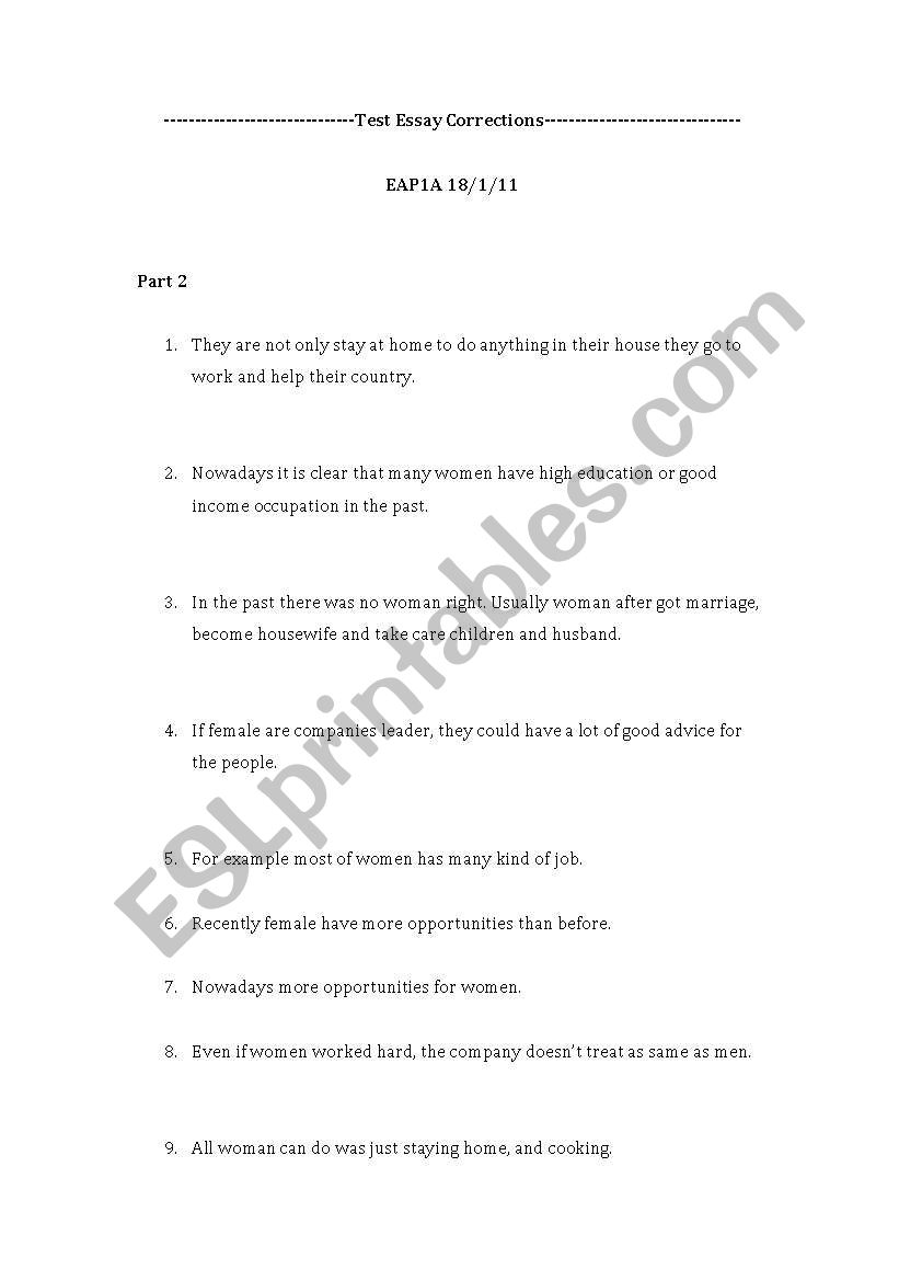 Essay Error Corrections worksheet