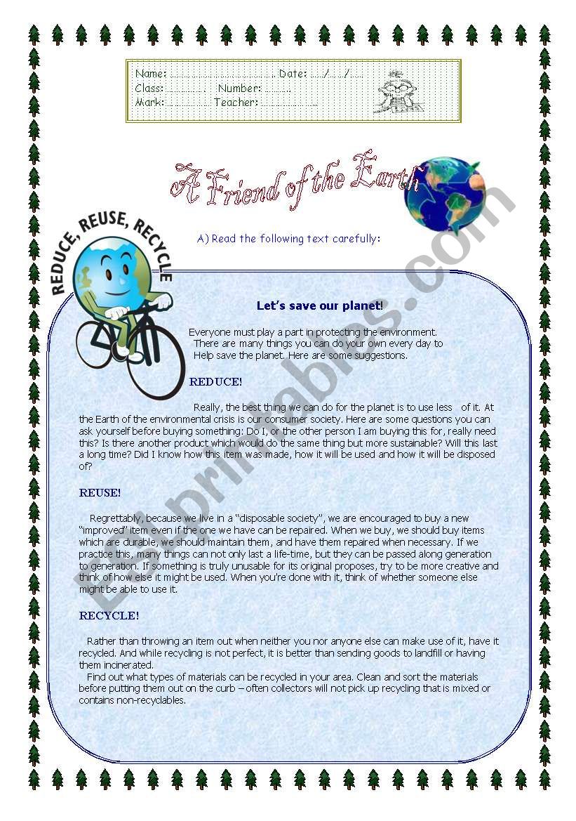 A Friend of the Earth worksheet