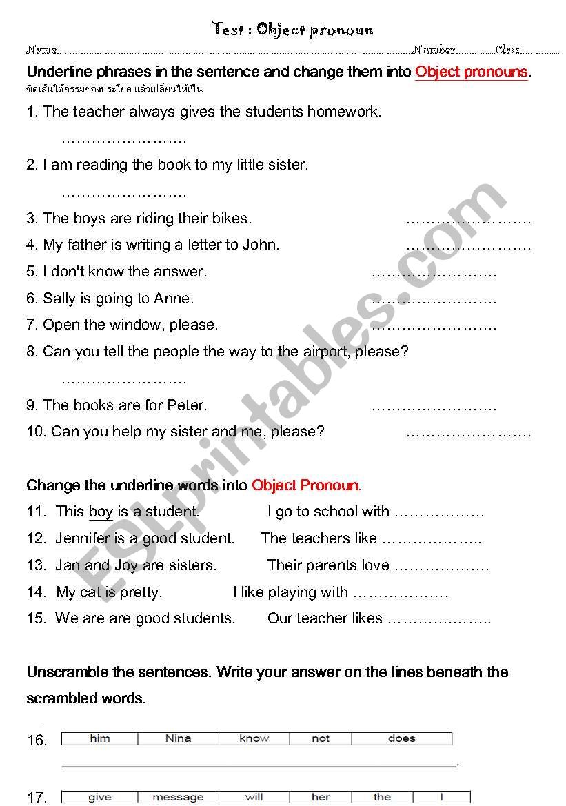 object pronoun worksheet