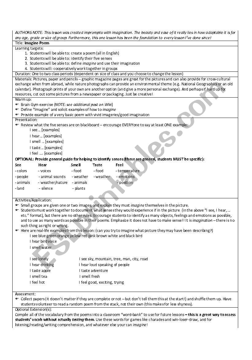 Imagine Lesson - Poem worksheet