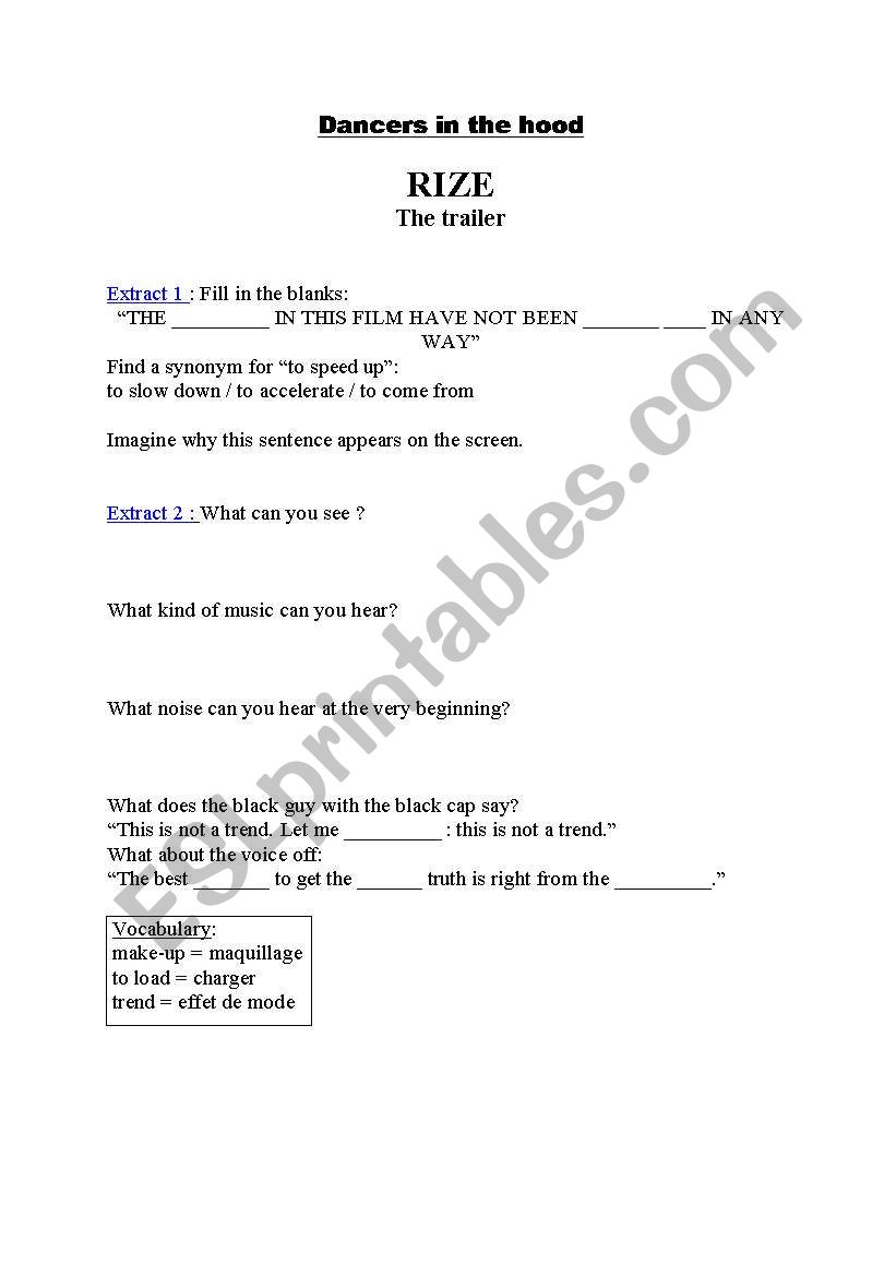 Rize the trailer worksheet