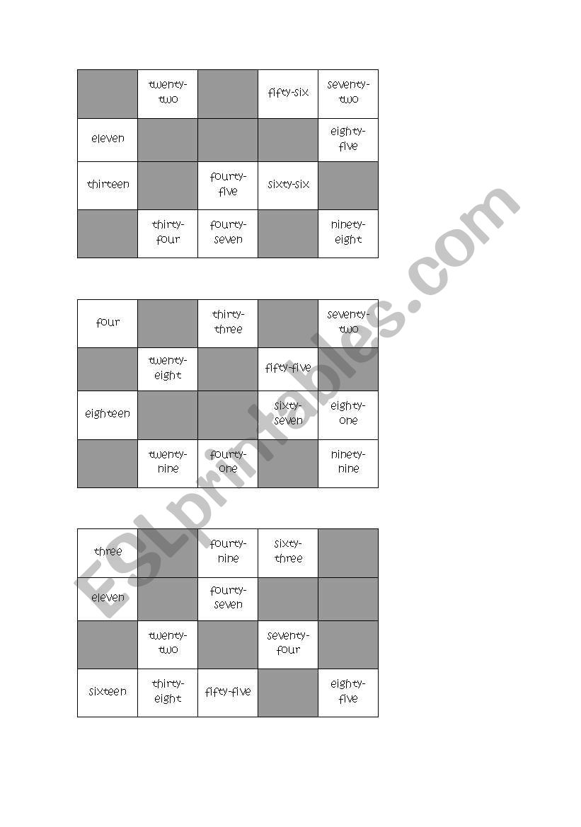 Bingo with numbers worksheet