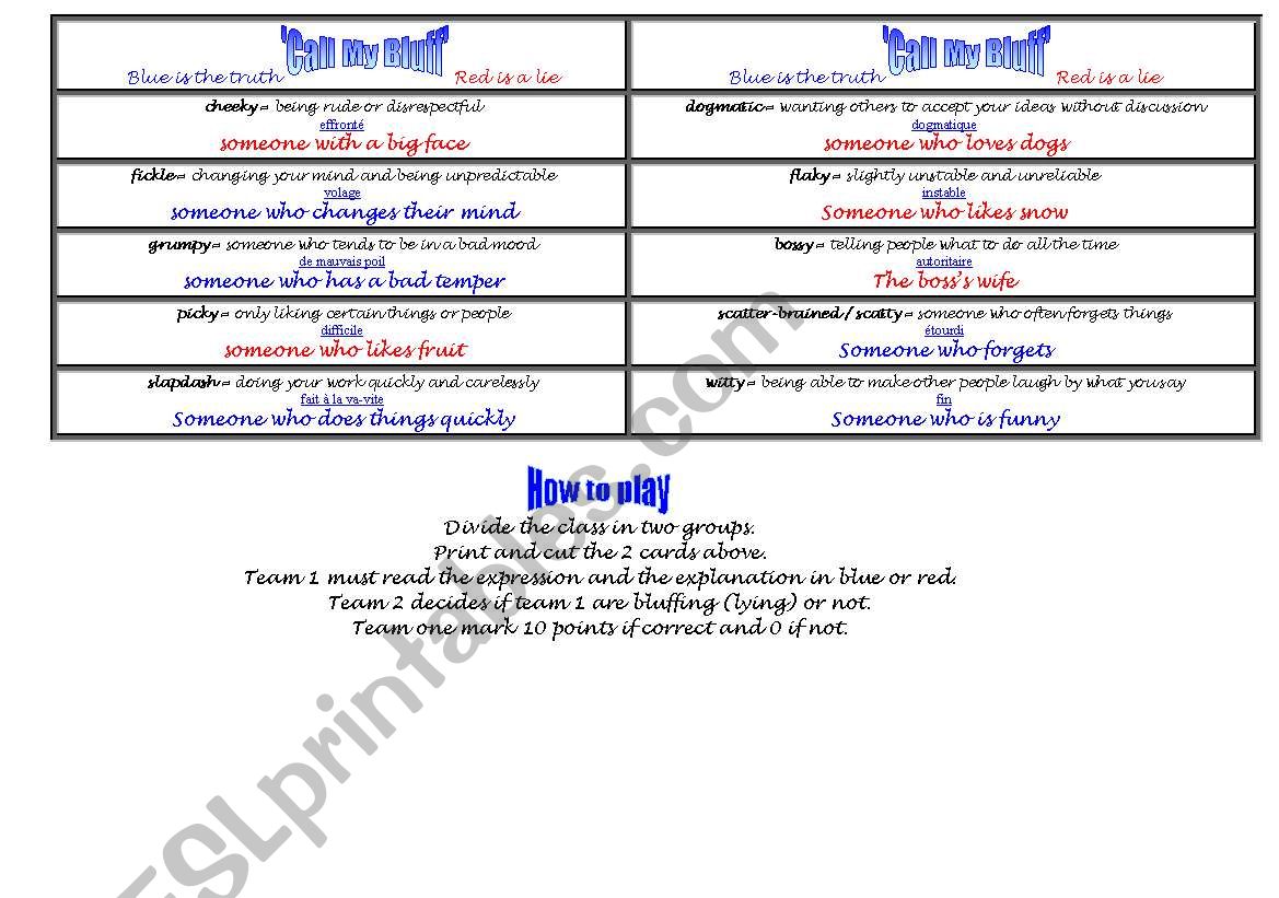 call my bluff behaviour. worksheet