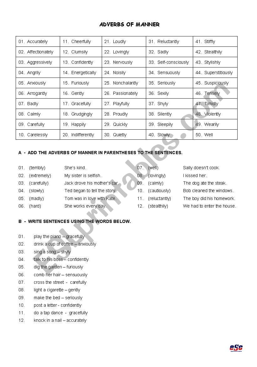 Advervs of manner worksheet