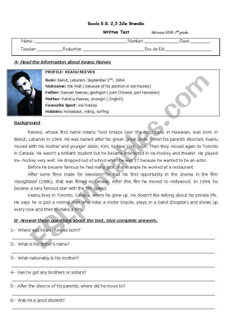 Test: Keanu Reeves worksheet