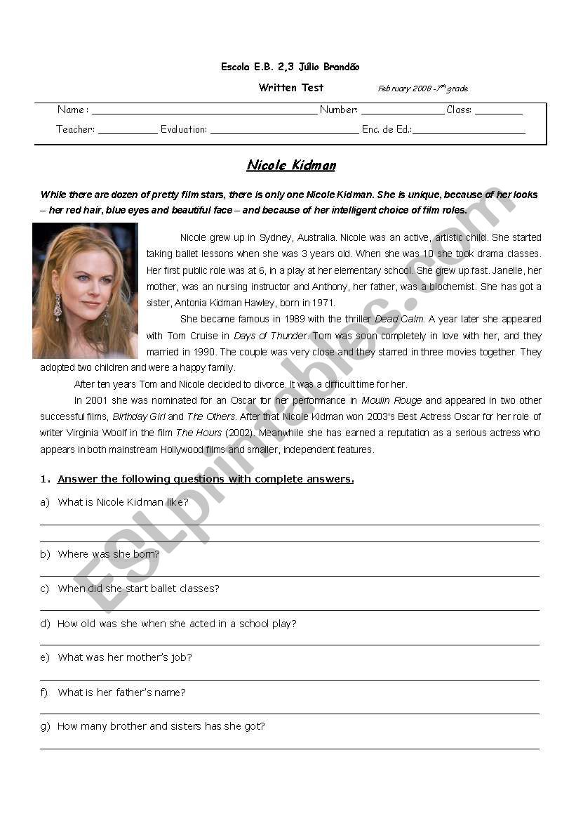 test: Nicole Kidman worksheet