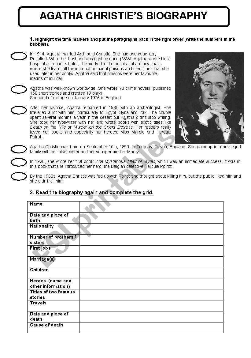 agatha christies biography worksheet