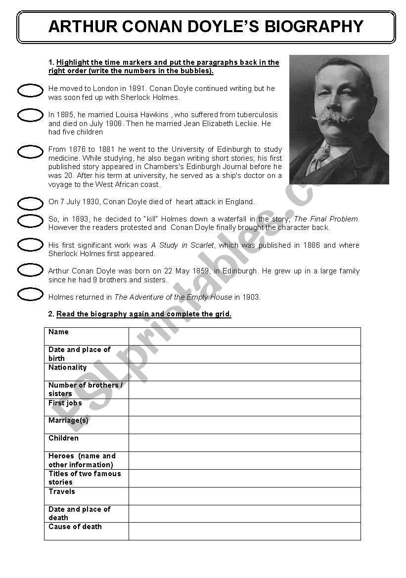 sir arthur conan doyle biography worksheet