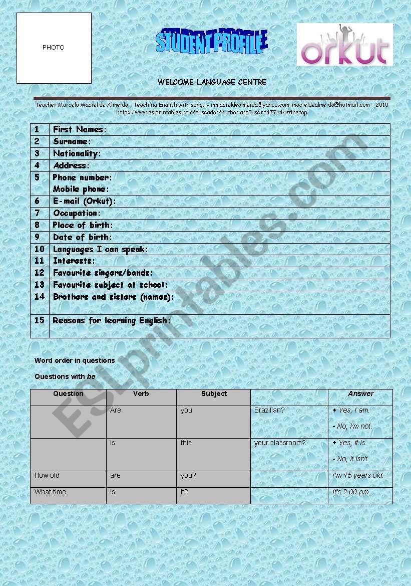 STUDENT PROFILE  (updated) worksheet