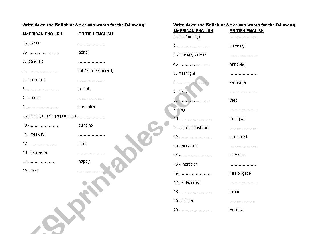 British vs American English worksheet