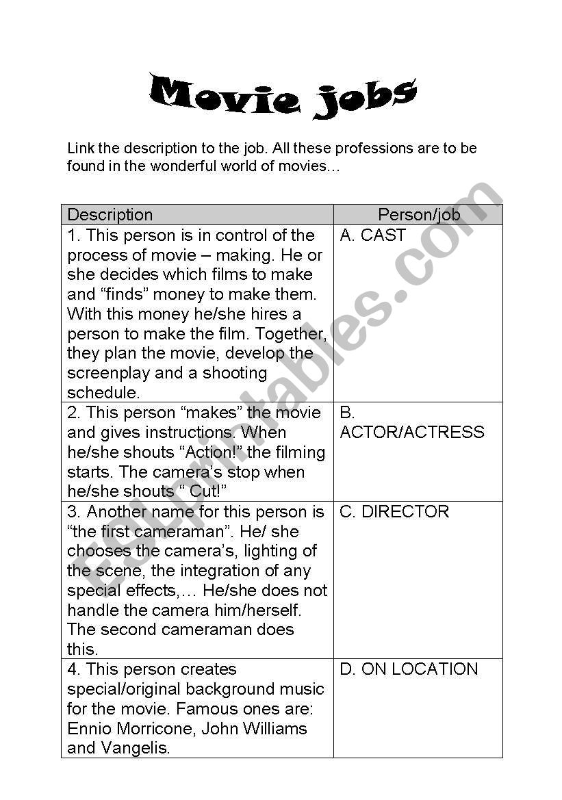 Movie matcher worksheet