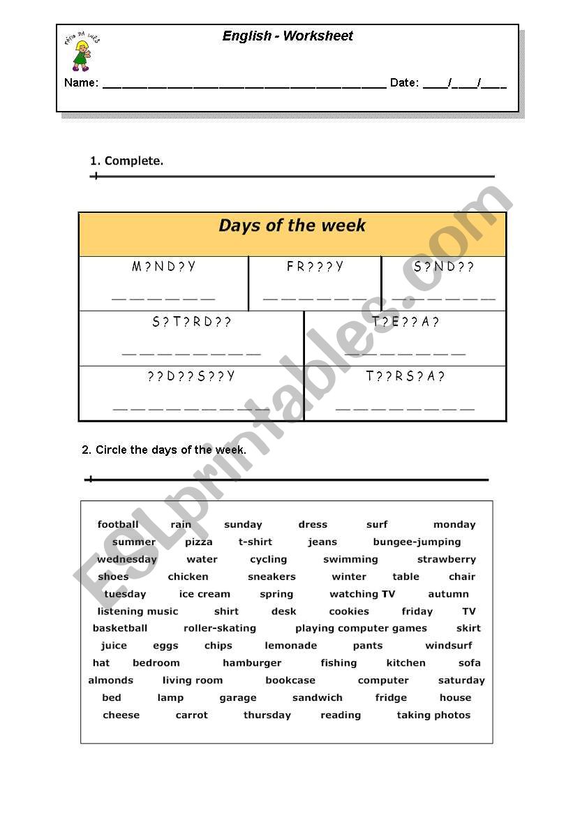 Week days worksheet