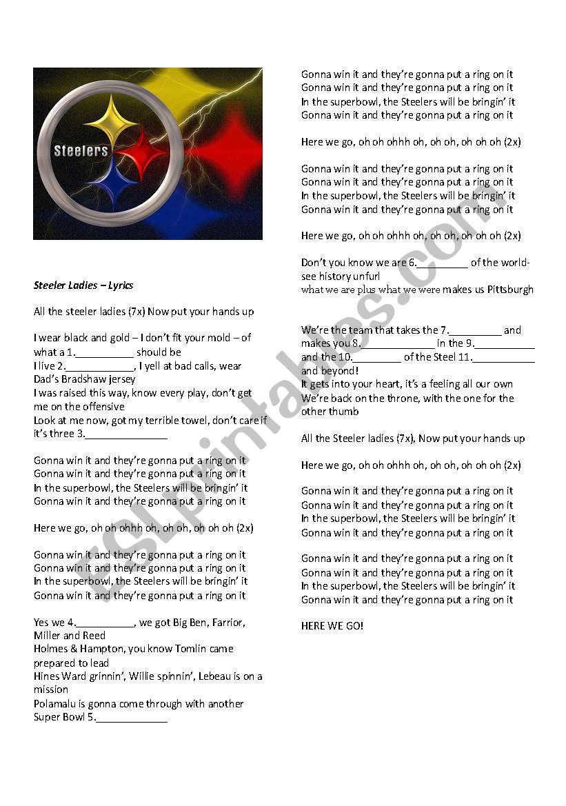 Steelers Packers fan songs worksheet