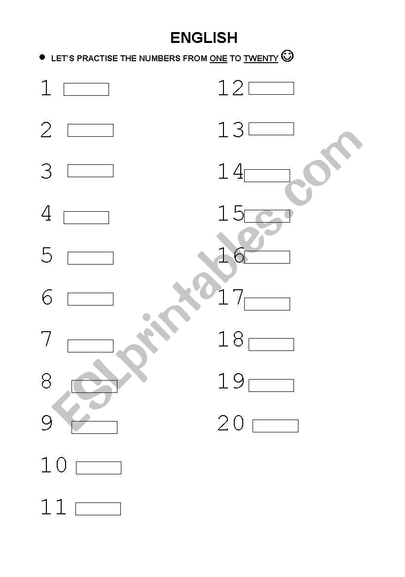 Number from one to twenty worksheet