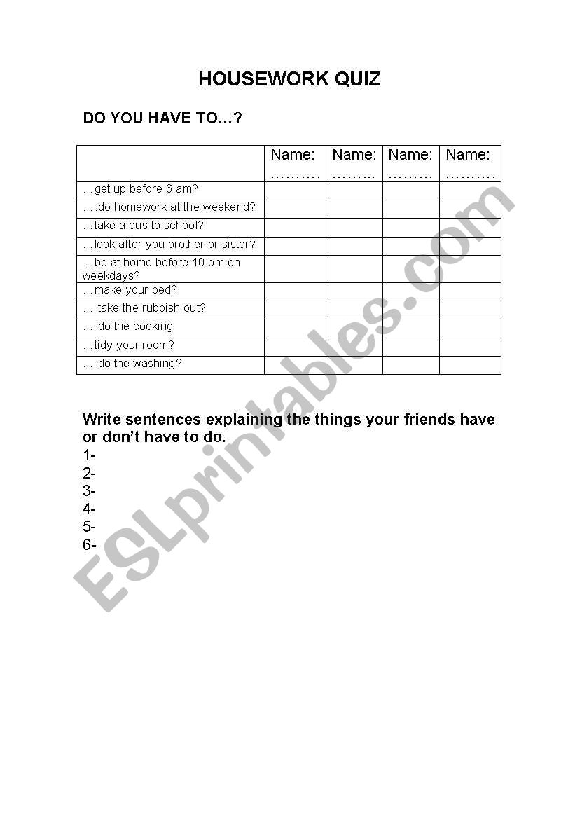 Housework quiz worksheet