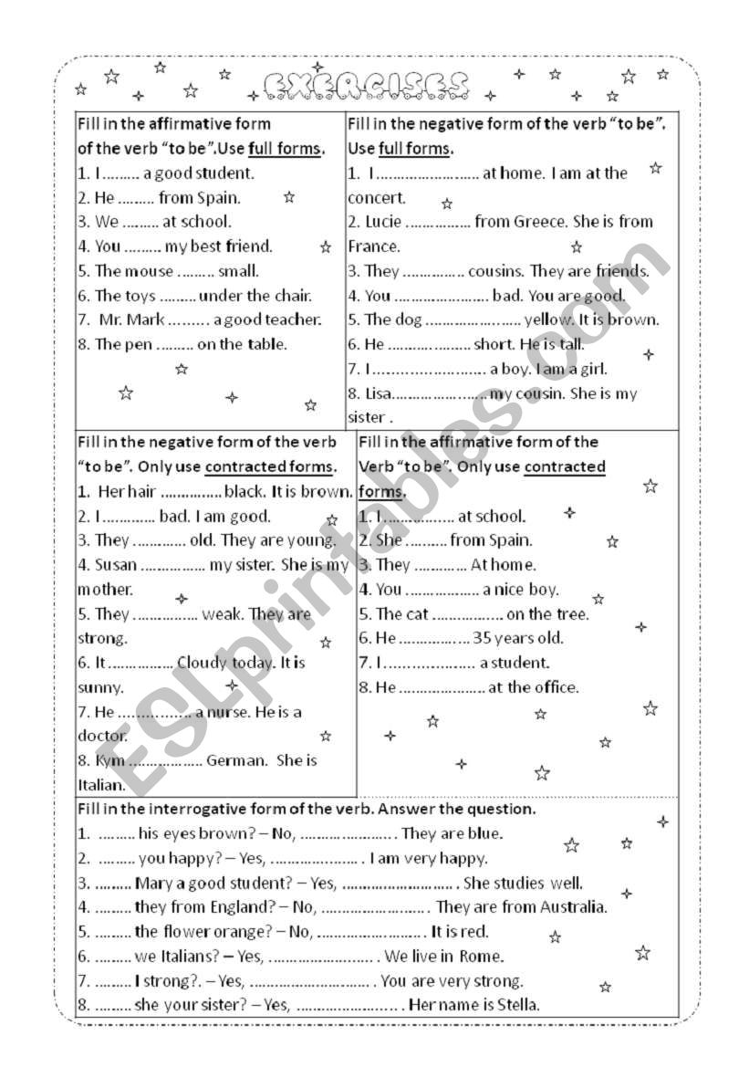 Exercises of verb to be worksheet