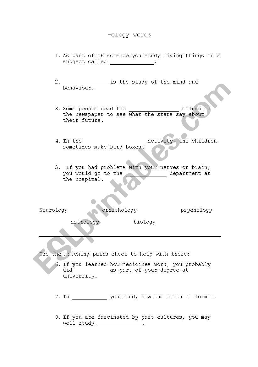 -ology words - Cloze worksheet