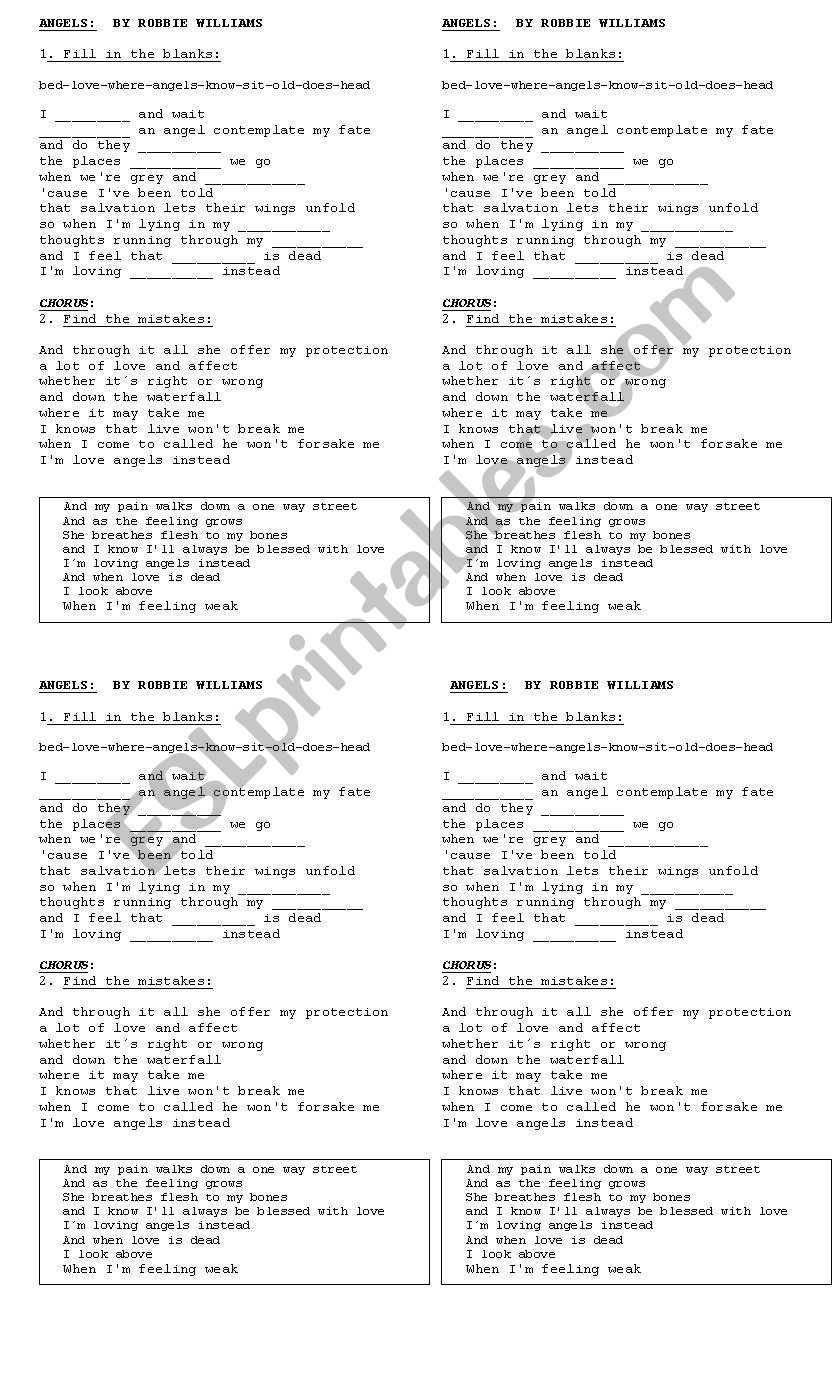 Angel By Robbie Williams worksheet