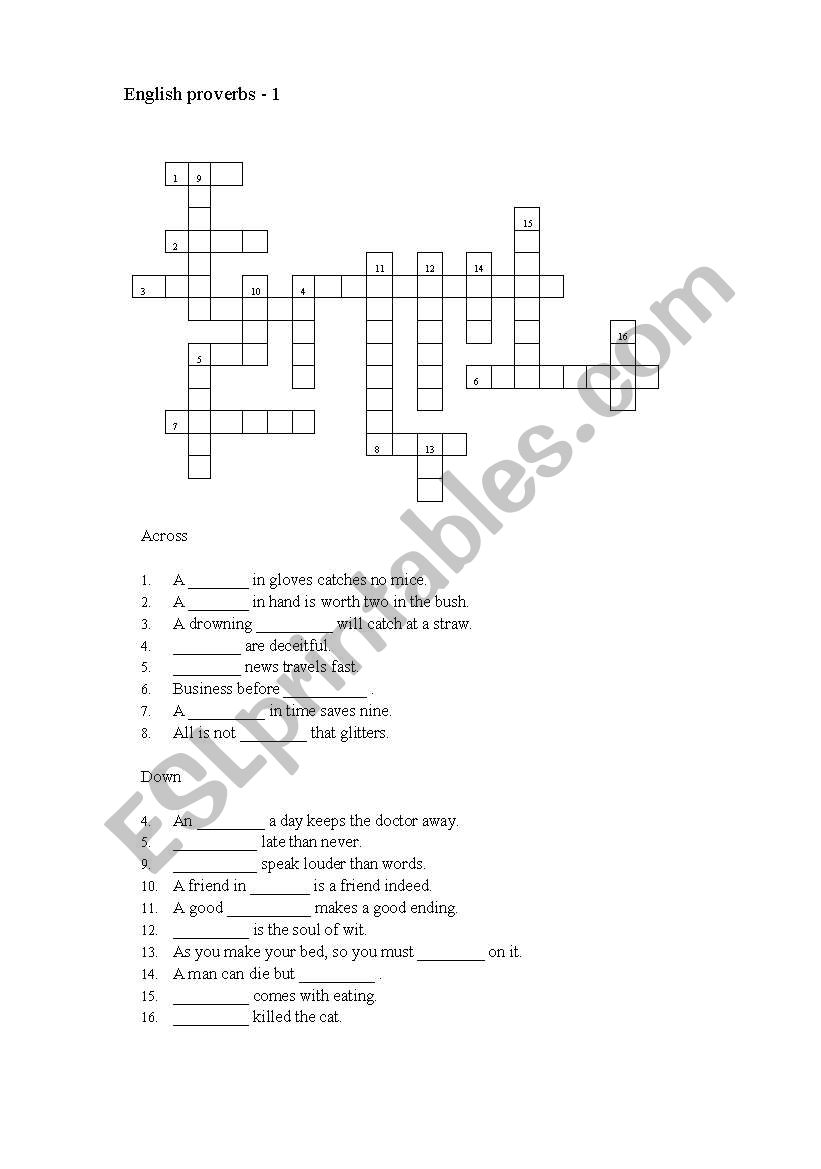 crossword - proverbs 1 worksheet