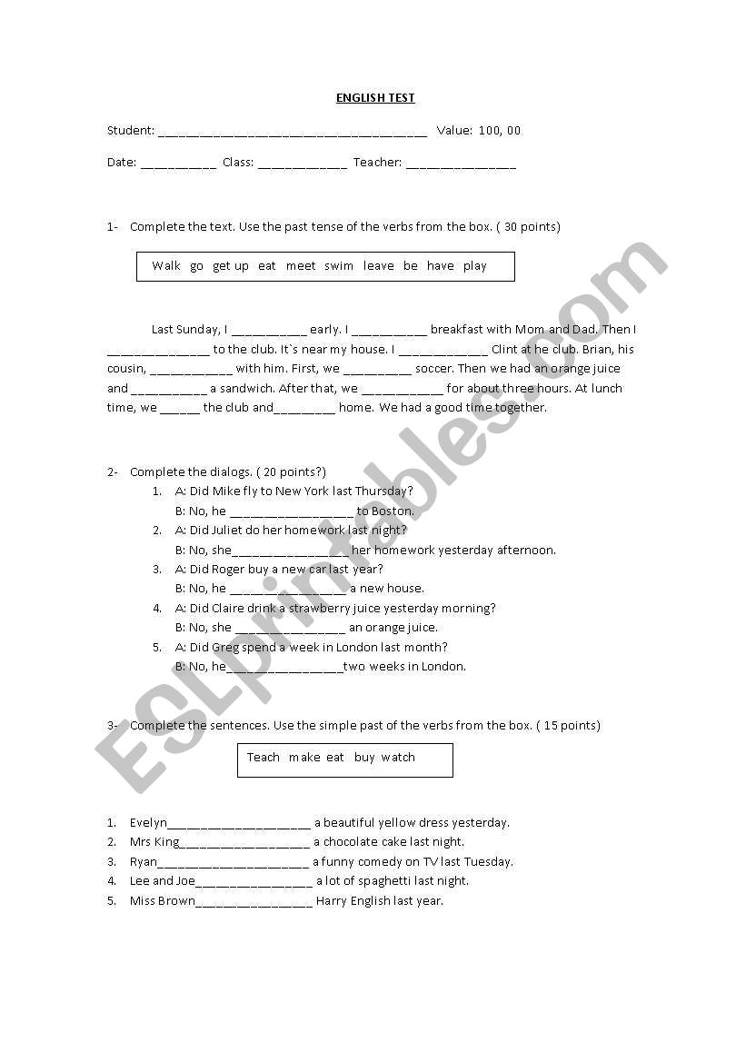 Simple past tenses worksheet