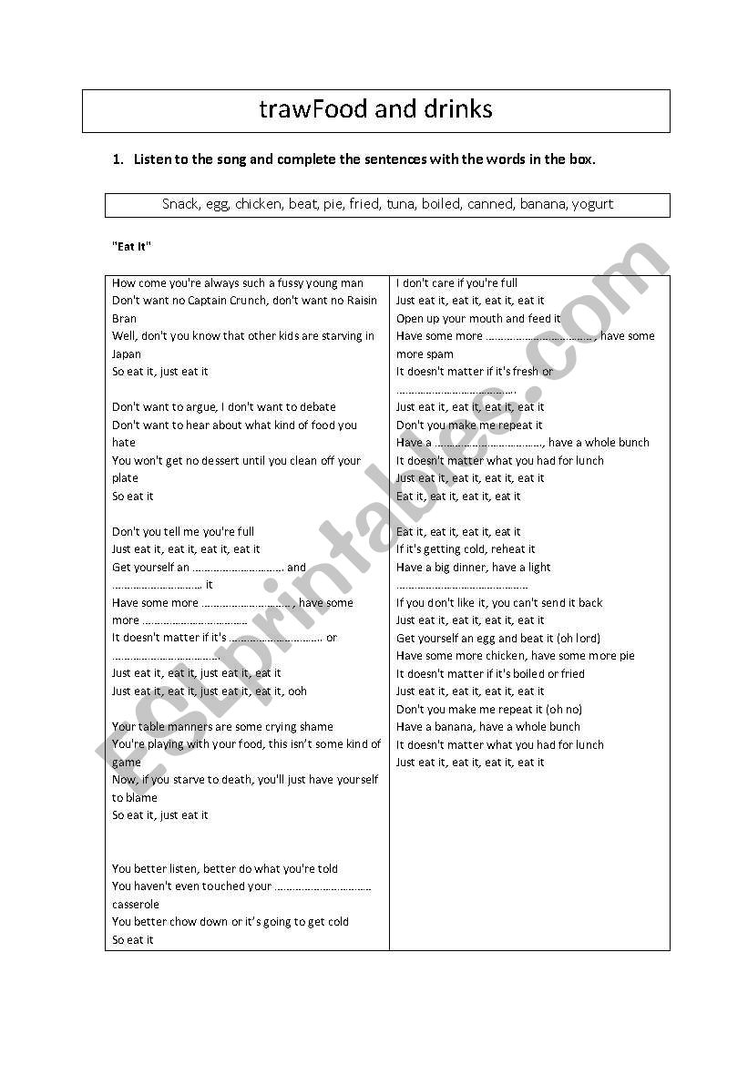 food and drinks vocabulary worksheet