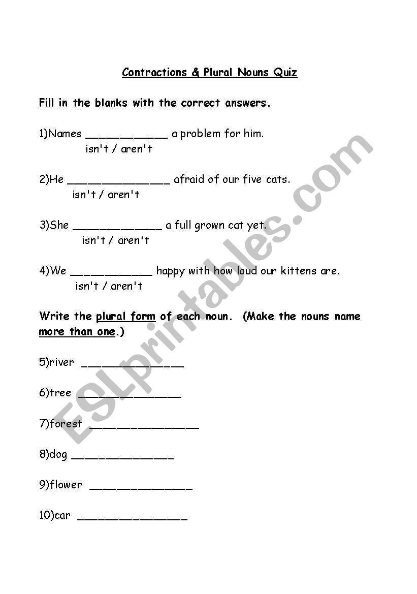 Contractions and Plural Nouns Quiz