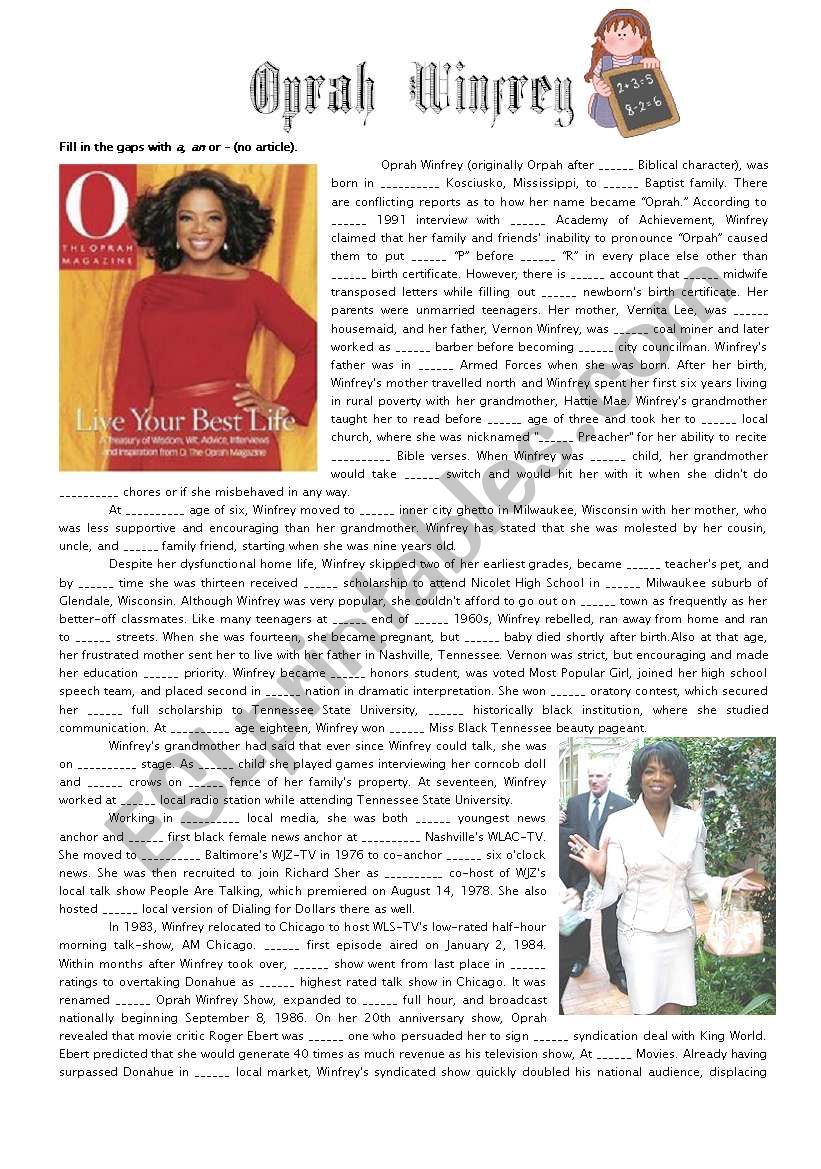 Oprah Winfrey - fill in the missing articles