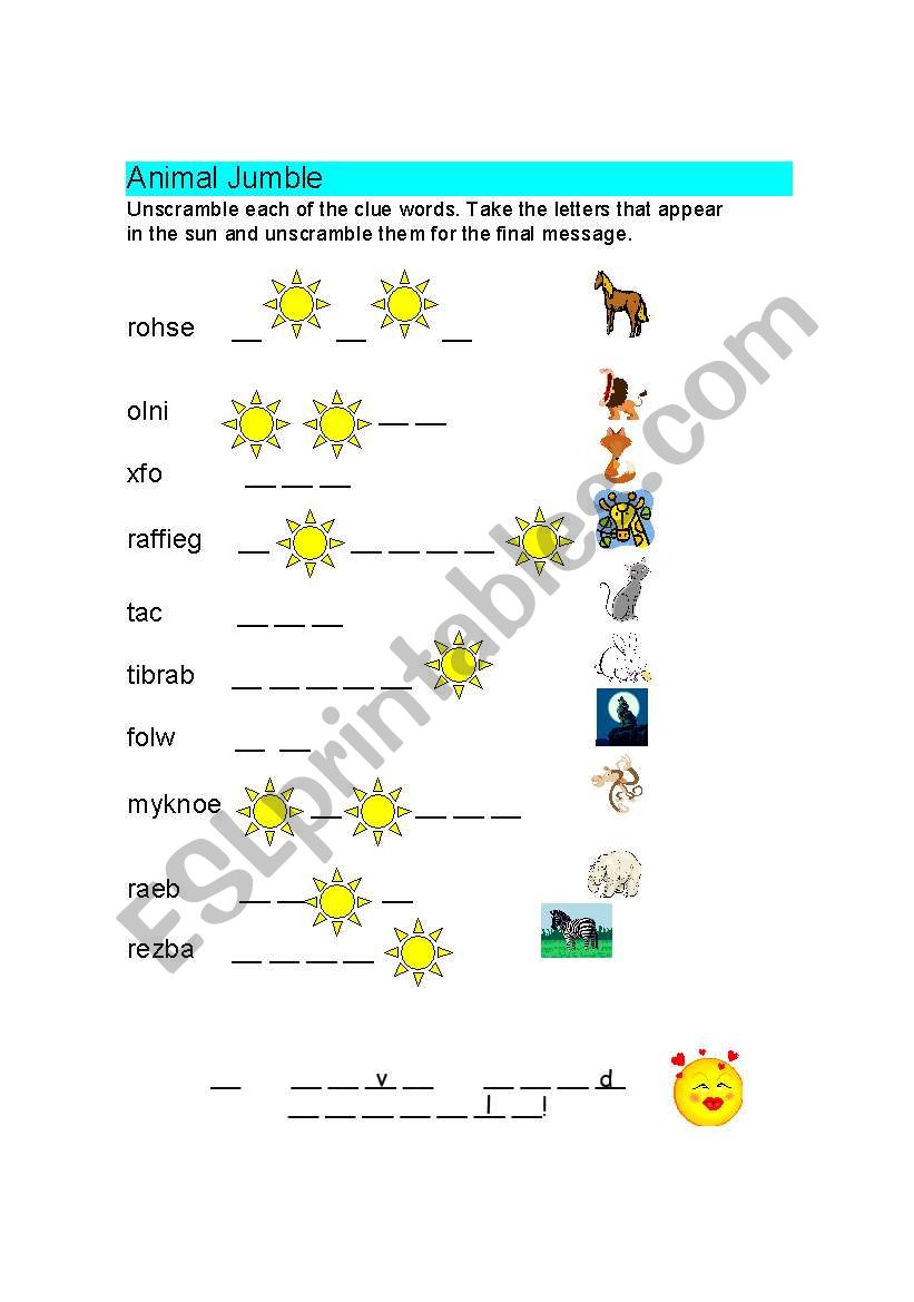 Animals Jumble worksheet