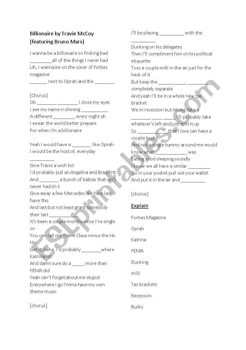 Billionaire song lyrics worksheet